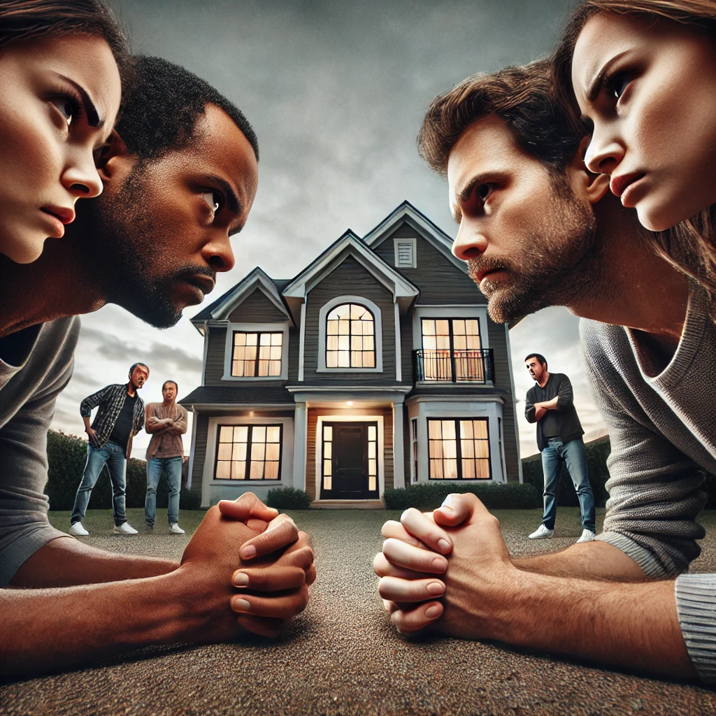 Entitlement and Ownership Thematic Depth – Standoff between two couples outside a home, representing conflict over ownership.