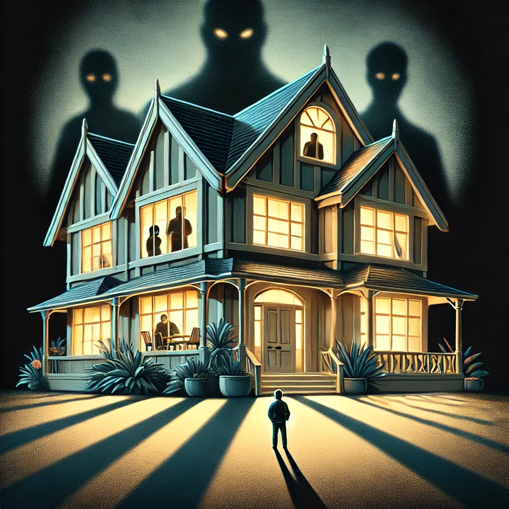 Fear and the Unsettling Atmosphere – A luxurious home with shadows in the windows, symbolizing hidden fear.