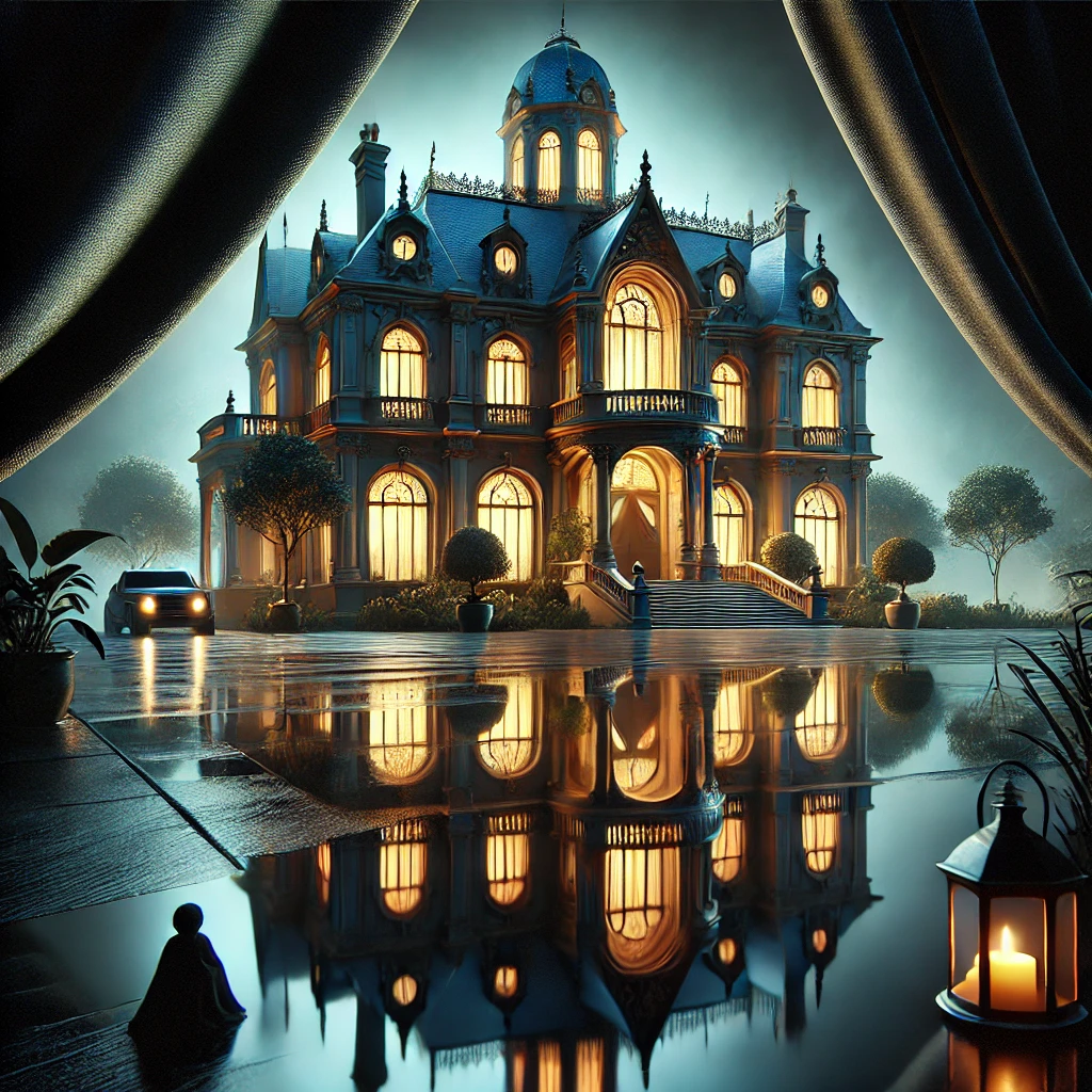 An image showing a luxurious mansion surrounded by mystery