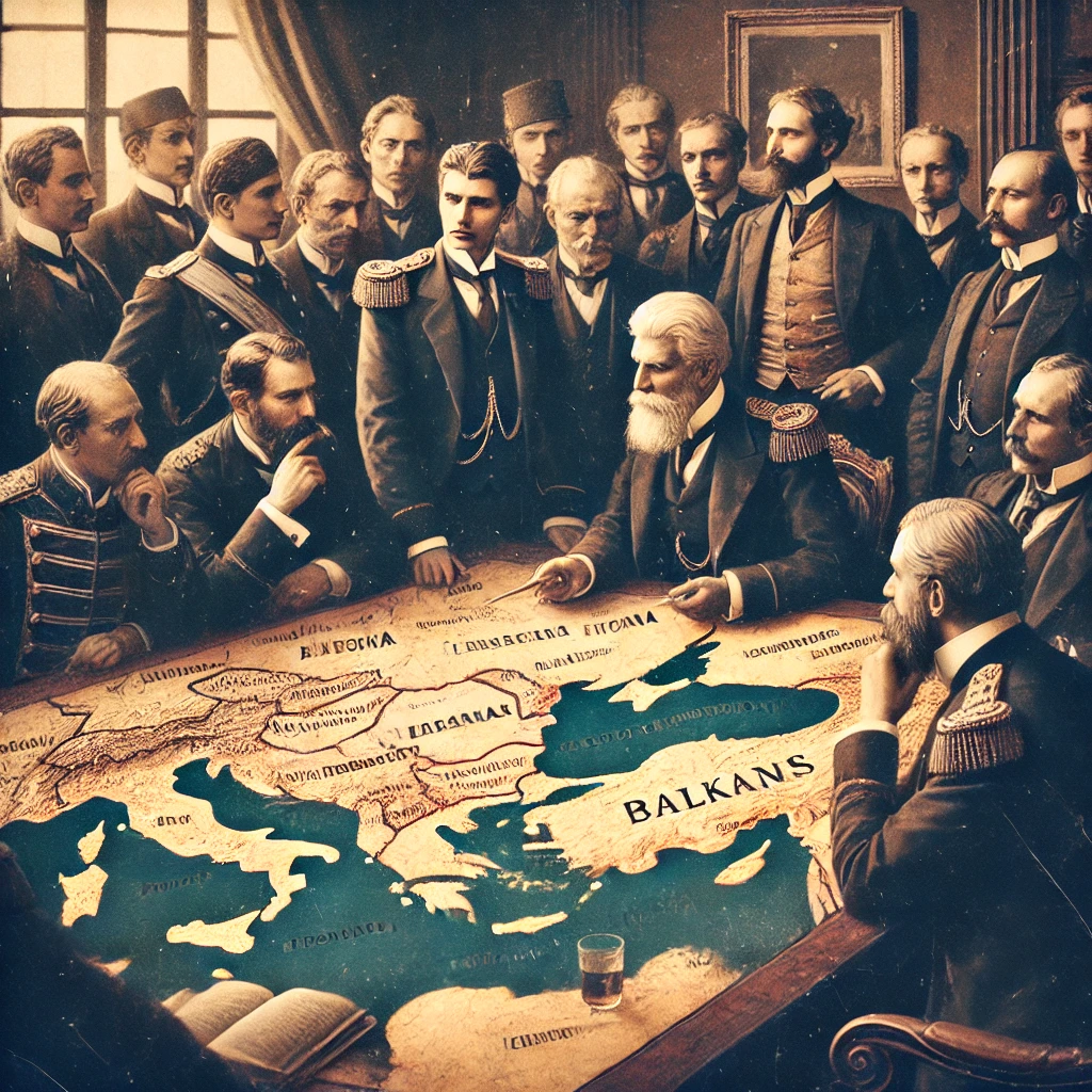 European diplomats gathered around a map of the Balkans