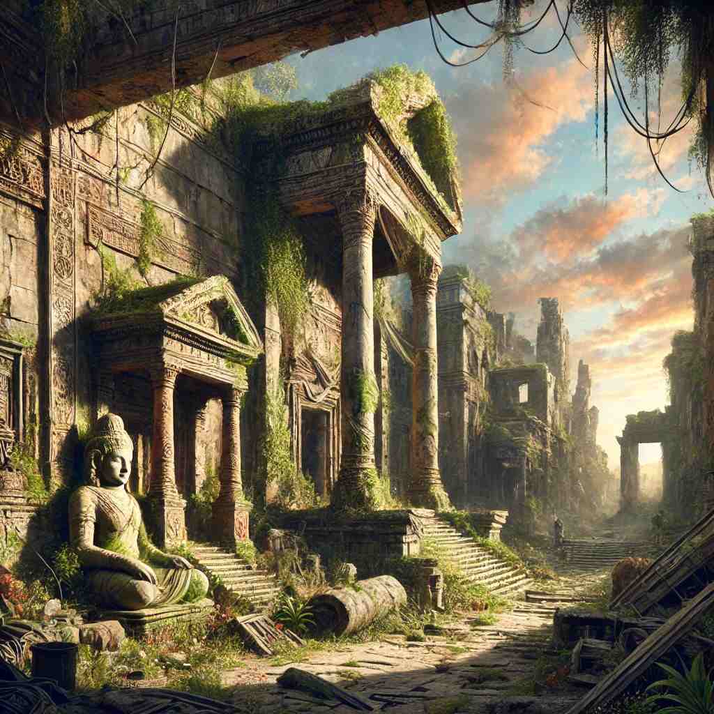 Crumbling civilization with overgrown ruins.