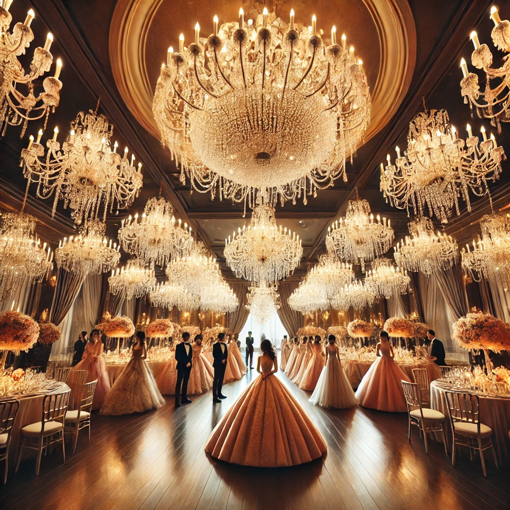 glamorous ball setting with chandeliers and elegant gowns