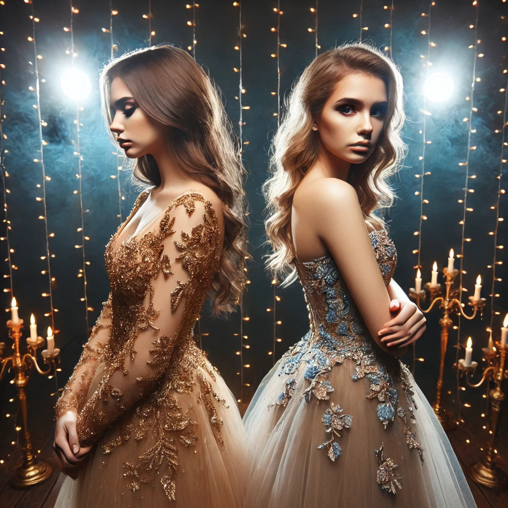 image showing two young women in glamorous dresses, standing apart